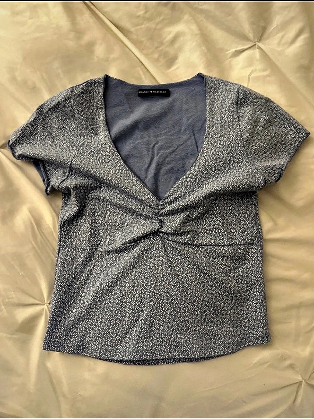 Brandy Melville Gina Top Floral Twist Front Short Sleeve in Blue & White